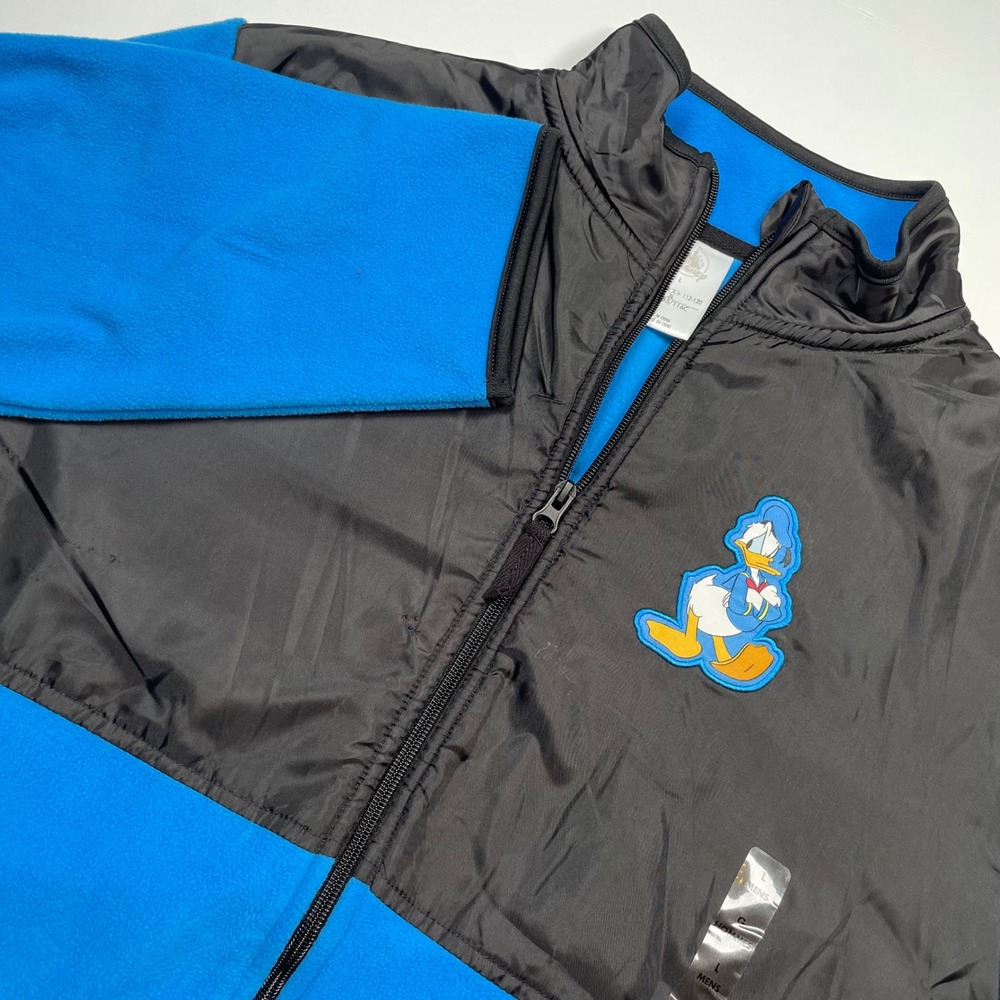 Disney Donald Duck Mens Large Blue Black Full Zip Fleece Jacket NWT Flaws